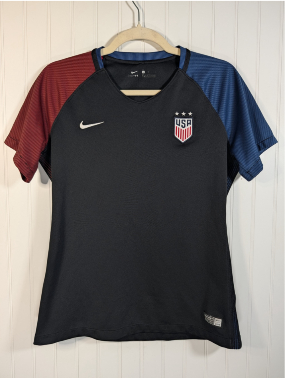 Vtg Nike Team USA Soccer Jersey Womens L Black Red Blue 2016 Rio Away Kit